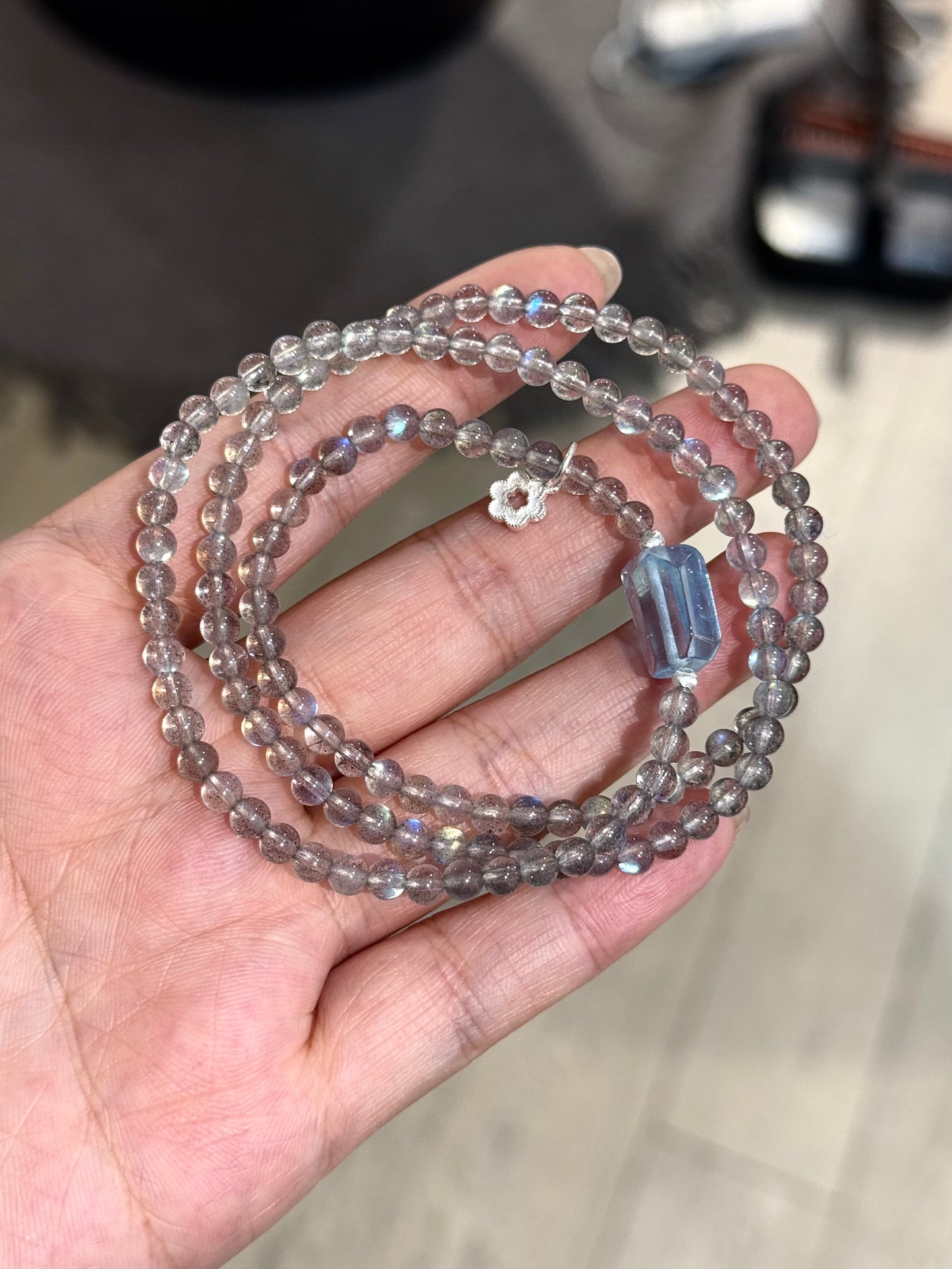 灰月蓝宝三圈链 Gray Moonstone & Aquamarine Triple Wrap