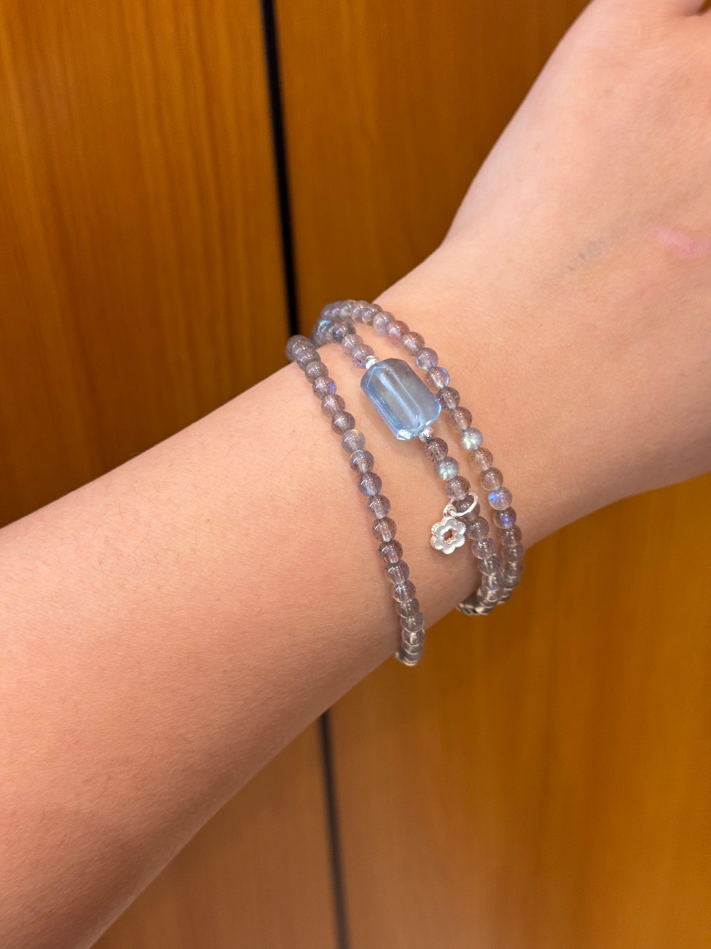 灰月蓝宝三圈链 Gray Moonstone & Aquamarine Triple Wrap