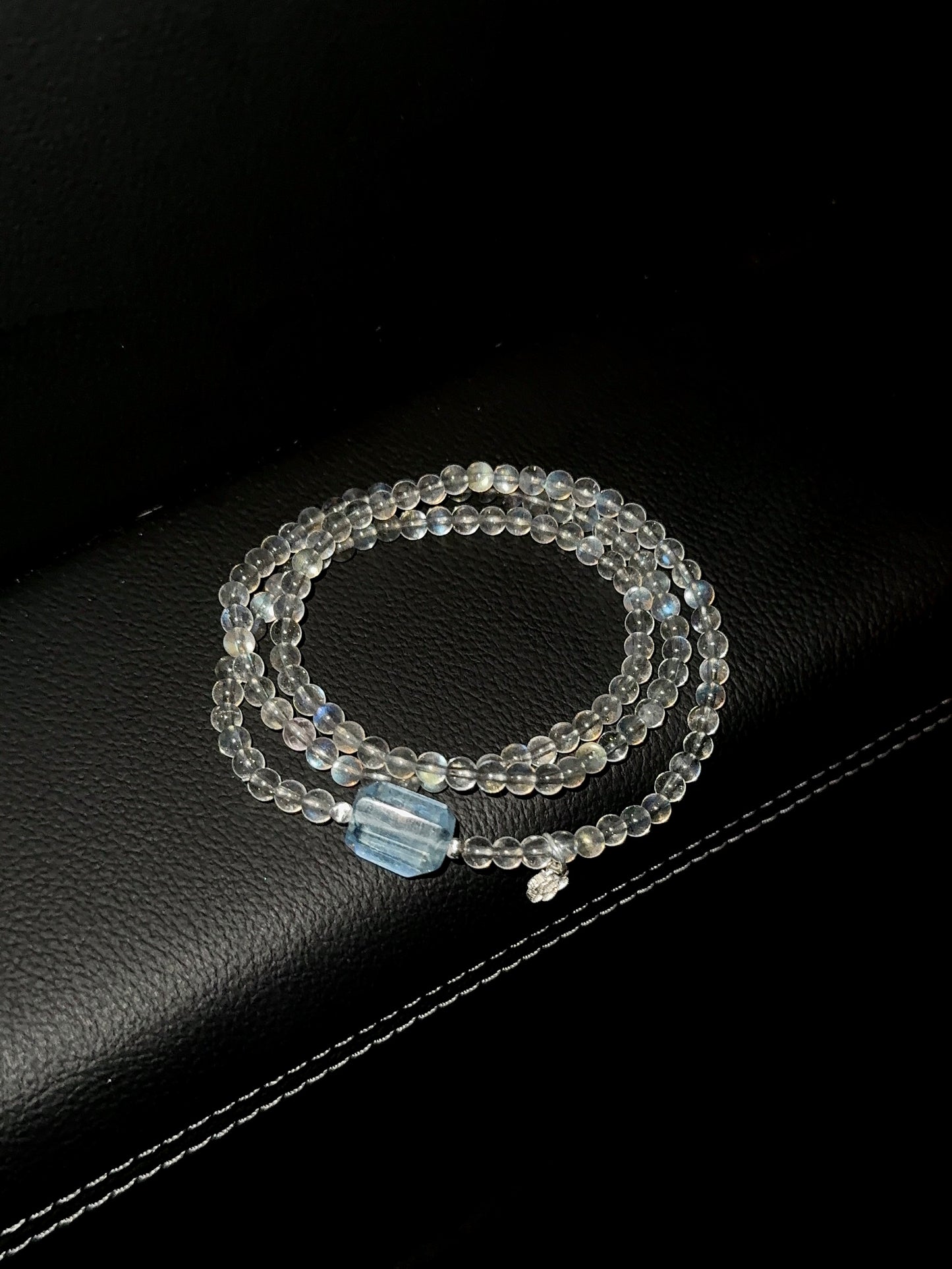 灰月蓝宝三圈链 Gray Moonstone & Aquamarine Triple Wrap