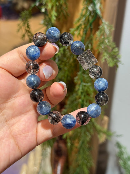 黑发晶蓝晶石 Black Rutilated Quartz Kyanite Bracelet